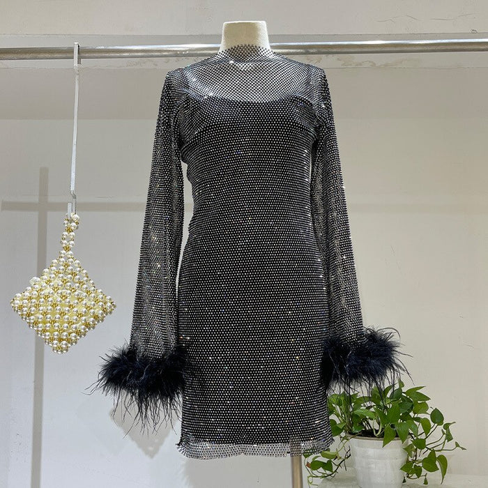 Transparentes Strass Kleid mit Federn Schwarz