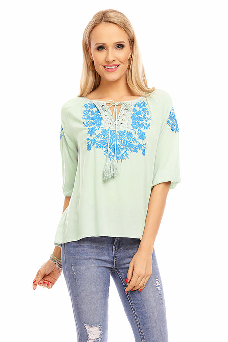 Damen Tunika Bluse Mint mit Stickerei Ibiza Style