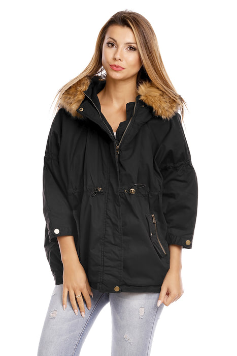 Parka Jacke mit Fell Schwarz mit kurzen Ärmeln