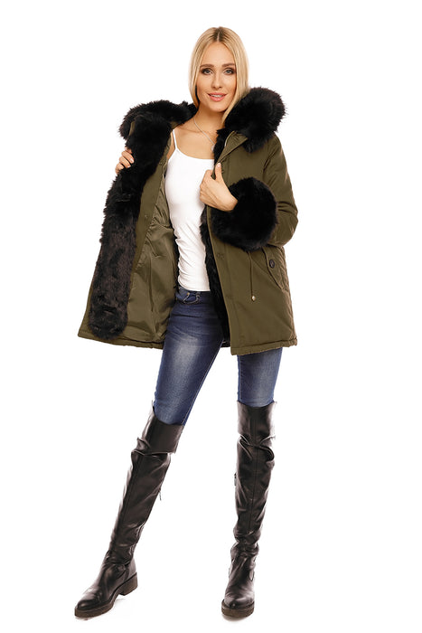 Winter Jacke Parka mit Kunst Fell Pelz Khaki Schwarz