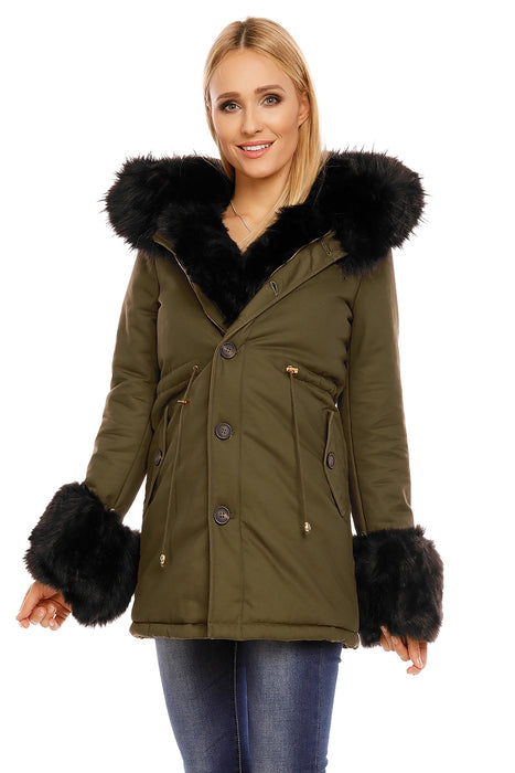 Winter Jacke Parka mit Kunst Fell Pelz Khaki Schwarz