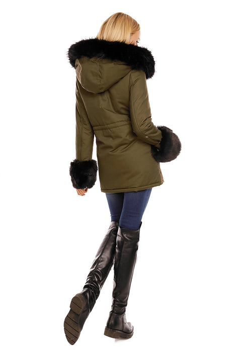 Winter Jacke Parka mit Kunst Fell Pelz Khaki Schwarz