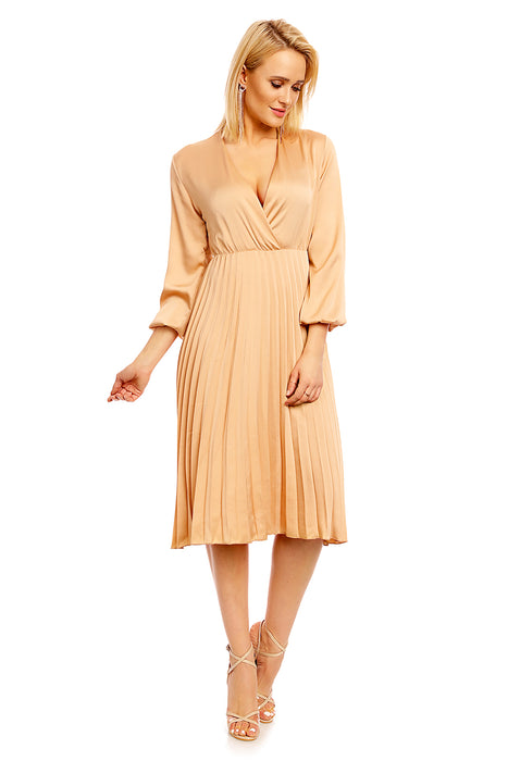 Plissee Midi Kleid mit V-Ausschnitt Langarm Gold