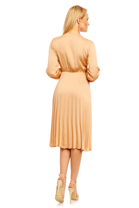 Plissee Midi Kleid mit V-Ausschnitt Langarm Gold