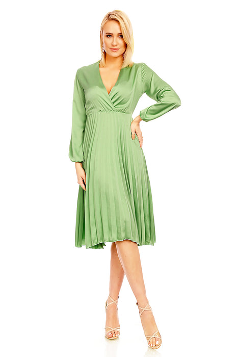 Plissee Midi Kleid mit V-Ausschnitt Langarm Mint